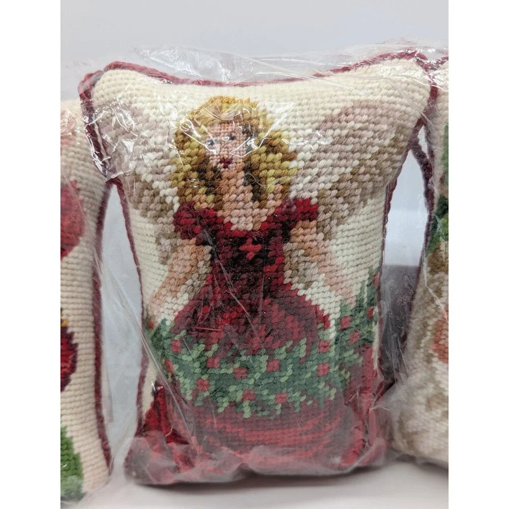 NEW 3 Wool Needlepoint Christmas Door Pillows Hanging Santa Angel 7